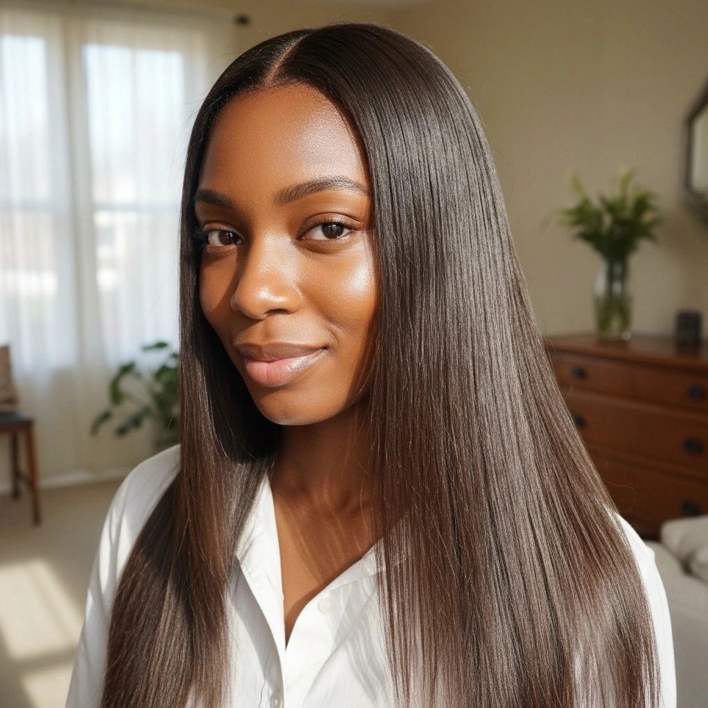 Woman with sleek straight silk press hair